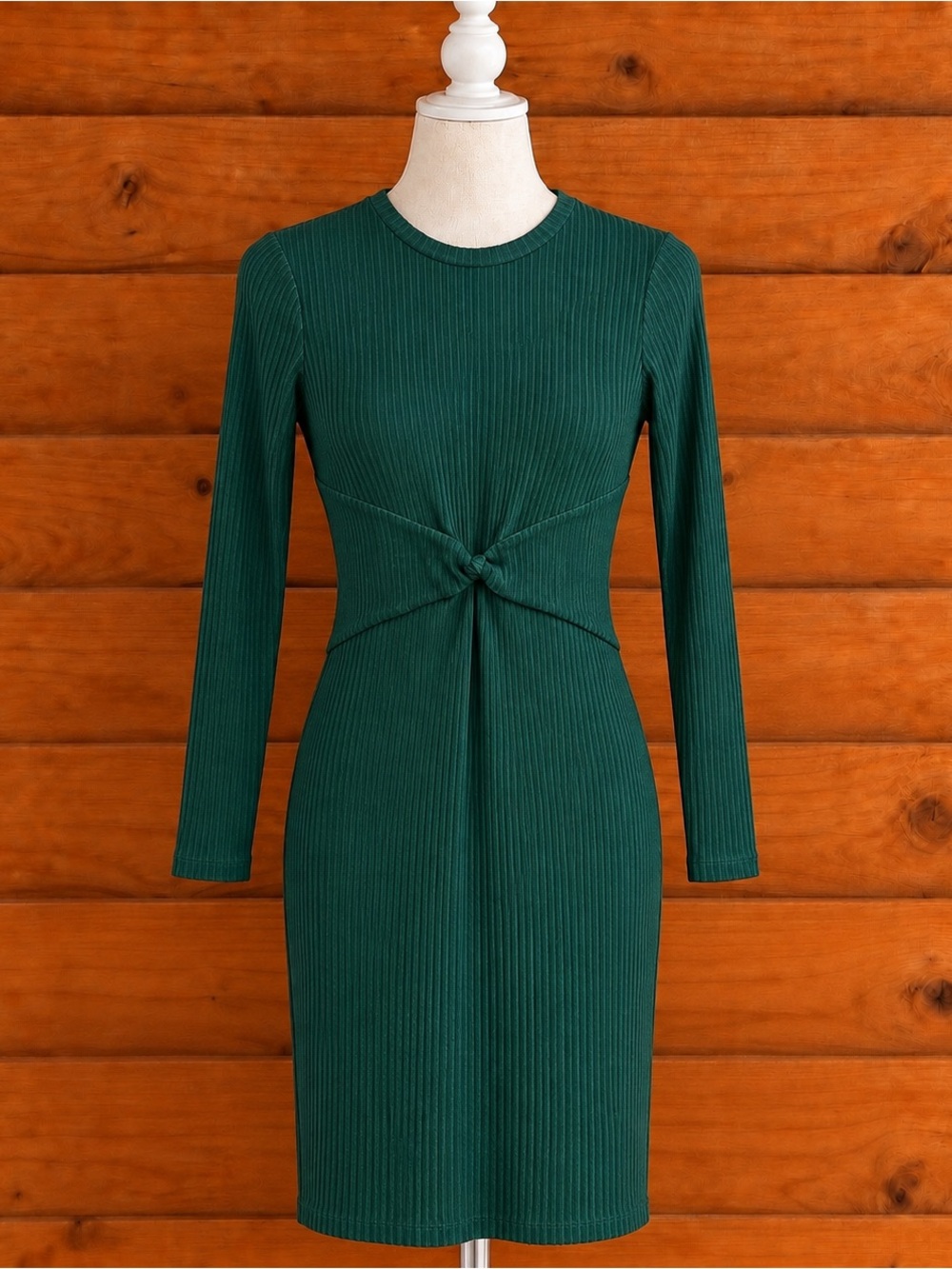 Michael Kors Quiet luxury Forest Green Long Sleeve Twist Front Ribbed Dress XS